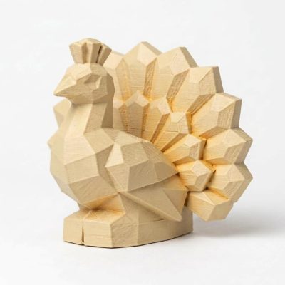 Wood Carved-Like Peacock Figurine - Unique Desk Decor for Collectors - 3D Printed in Canada (White Oak)