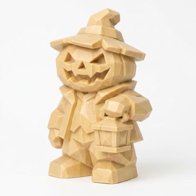 Wood Carved-Like Jack O Lantern Figurine in White Oak Finish - 3D Printed in Canada (White Oak)