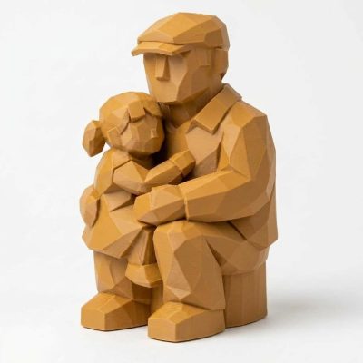 Wood Carved-Like Father and Daughter Figurine in Ochre Yellow Finish - 3D Printed in Canada (Ochre Yellow)