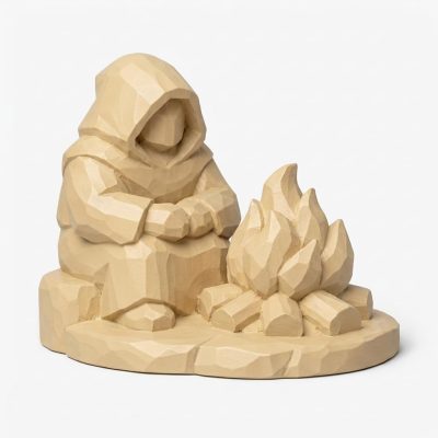 Wood Carved Fireside Collectible Figurine in White Oak Finish - 3D Printed in Canada (White Oak)