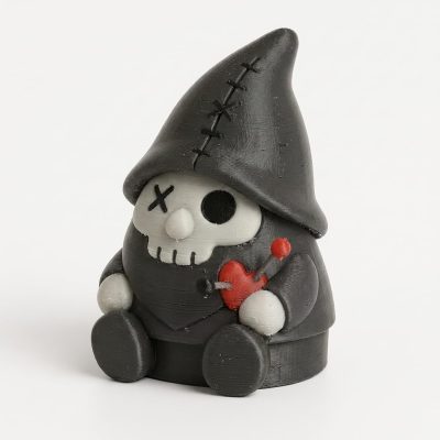 Voodoo Gnome Collectible Figurine - Striking Black and Gray Skull Design with Heart and Stitched Hat - Unique Desk Decor and Shelf Accent for Adults - 3D Printed in Canada