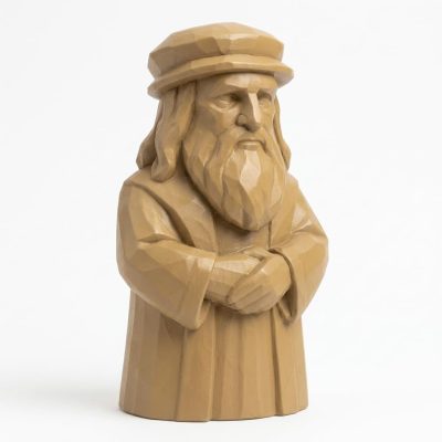 Wood Carved-Like Leonardo da Vinci Figurine - Unique Desk Decor for Collectors 3D Printed in Canada - 3D Printed in Canada (Classic Birch)