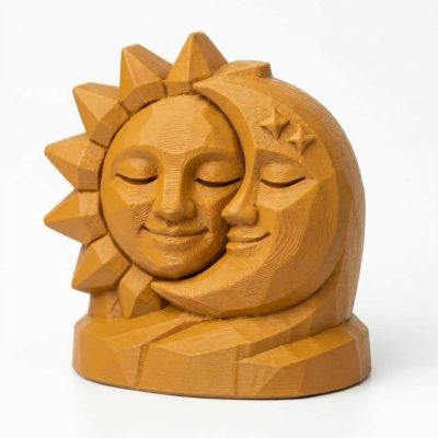 Wood Carved-Like Sun and Moon Figurine in Ochre Yellow Finish - Unique Desk Decor for Collectors - 3D Printed in Canada (Ochre Yellow)