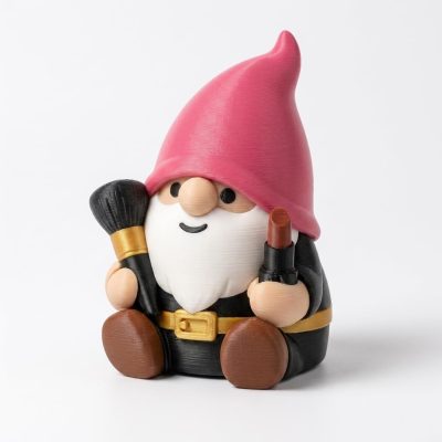 Makeup Gnome Collectible Figurine - Charming Gnome with Pink Hat, Cosmetic Brushes, and Lipstick - Eye-Catching Desk Decor for Home or Office - Unique Gift for Adults - 3D Printed in Canada