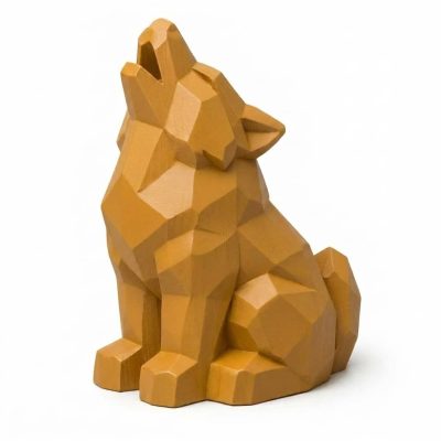 Wood Carved-Like Howling Wolf Figurine in Ochre Yellow Finish - 3D Printed in Canada (Ochre Yellow)