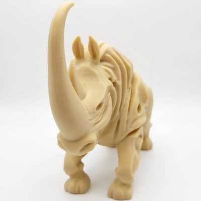 Wood Carved-Style Woolly Rhinoceros Figurine in White Oak Finish - 3D Printed in Canada (White Oak)