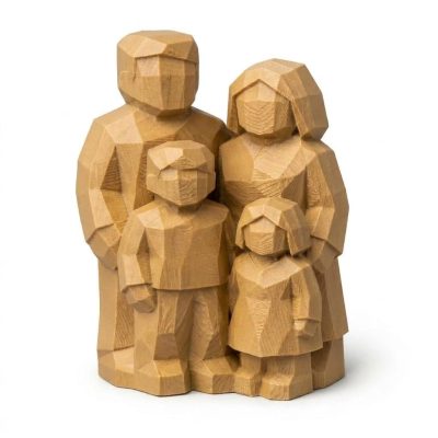 Wood Carved-Like Family of Four Figurine - Unique Desk Decor for Collectors 3D Printed in Canada - 3D Printed in Canada (Classic Birch)