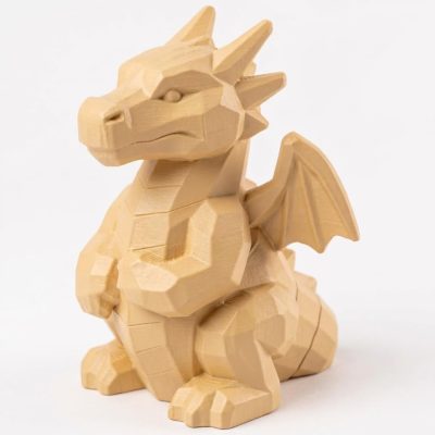 Wood Carved Dragon Figurine in White Oak Finish - 3D Printed in Canada (White Oak)
