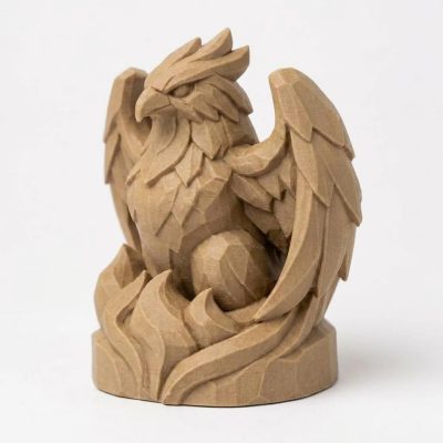 Wood Carved-Like Phoenix Figurine - Unique Desk Decor for Adults - Eye-Catching Collector's Display Piece 3D Printed in Canada - 3D Printed in Canada (Classic Birch)