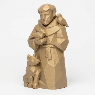 Wood Carved-Like Saint Francis Figurine - Unique Desk Decor for Adults 3D Printed in Canada - 3D Printed in Canada (Classic Birch)