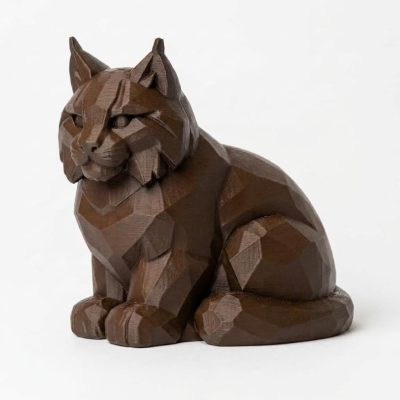 Wood Carved-Like Bobcat Figurine in Black Walnut Finish - 3D Printed in Canada (Black Walnut)