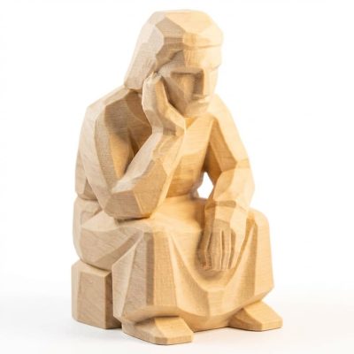 Wood Carved Waiting Figurine in White Oak Finish - 3D Printed in Canada (White Oak)