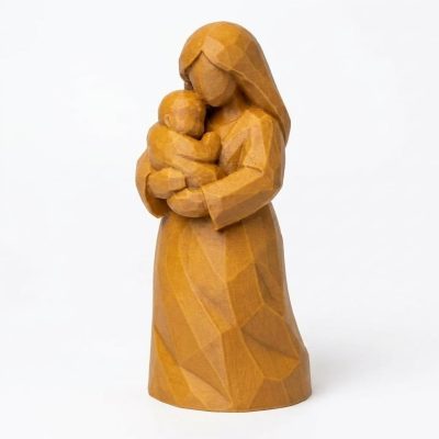 Wood Carved-Like Mother Holding Figurine in Ochre Yellow Finish - 3D Printed in Canada (Ochre Yellow)