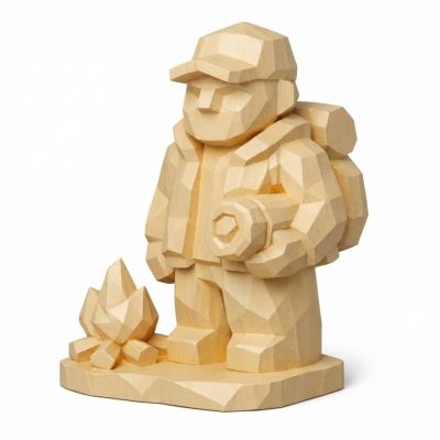 Wood Carved Campsite Arrival Collectible Figurine in White Oak Finish - 3D Printed in Canada (White Oak)