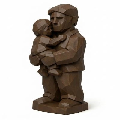 Wood Carved Father Holding Collectible Figurine in Black Walnut Finish - 3D Printed in Canada (Black Walnut)
