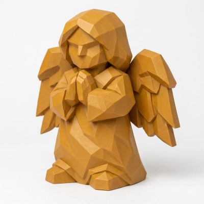 Wood Carved Guardian Angel Collectible Figurine in Ochre Yellow Finish - 3D Printed in Canada (Ochre Yellow)
