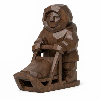 Wood Carved Dog Sledder Collectible Figurine in Black Walnut Finish - 3D Printed in Canada (Black Walnut)