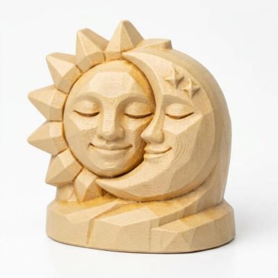 Wood Carved-Like Sun and Moon Figurine in White Oak Finish - Unique Desk Decor for Collectors - 3D Printed in Canada (White Oak)