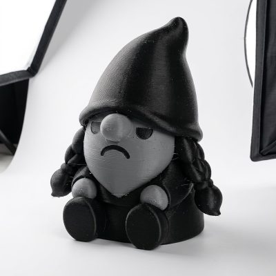 Morbid Pigtailed Goth Gnome Figurine - Detailed Black and Gray Design with Braided Hair - Unique Desk Decor for Office, Shelf Display, or Gothic Theme Gifts - 3D Printed in Canada