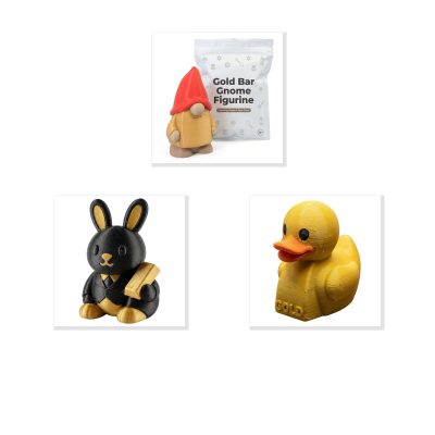 Gold Bar Collection Collectible Figurine Bundle of 3 - Gnome, Bunny, Duck - Whimsical & Luxury Adult Desk Decor - 3D Printed in Canada