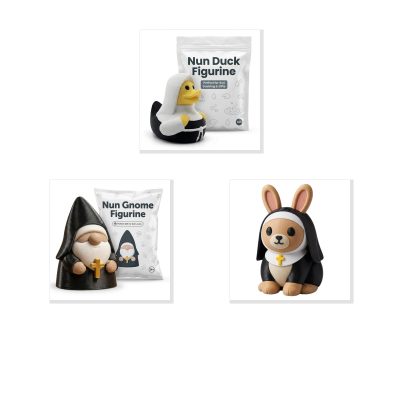 Nun Collectible Figurine Bundle of 3 - Nun Duck, Gnome, Bunny - Whimsical & Religious Adult Desk Decor - 3D Printed in Canada