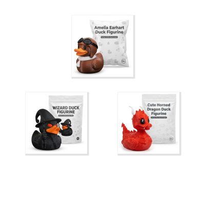 Duck Variety Collectible Figurine Bundle of 3 - Amelia Earhart, Wizard, Cute Horned Dragon - Adventurous & Fantasy Adult Desk Decor - 3D Printed in Canada