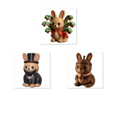 Bunny Variety Collectible Figurine Bundle of 3 - Serpent Bunny, Dapper Acorn - Unique & Elegant Adult Desk Decor - 3D Printed in Canada