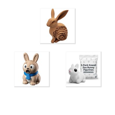 Bunny Variety Collectible Figurine Bundle of 3 - Wood Carved-Style Rabbit, Shocked Bunny, Kawaii Zou Bunnies - Unique & Whimsical Adult Desk Decor - 3D Printed in Canada (Classic Birch)