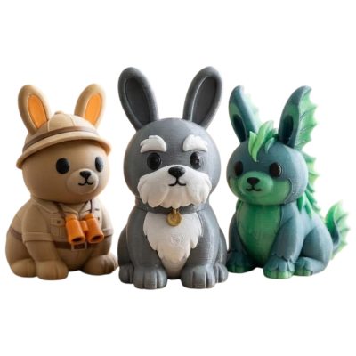 Bunny Variety Collectible Figurine Bundle of 3 - Schnauzer Bunny, Safari Explorer Kelpie - Whimsical & Unique Adult Desk Decor - 3D Printed in Canada