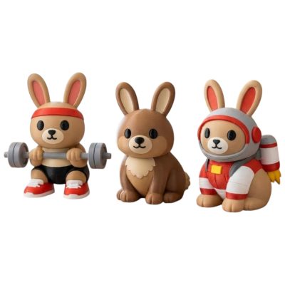 Bunny Variety Collectible Figurine Bundle of 3 - Gym Weightlifter Bunny, Smiling Quokka Jet Pack Rocket - Whimsical & Fun Adult Desk Decor - 3D Printed in Canada