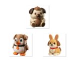 Happy Puppy Collectible Figurine Bundle of 3 - Teddy Bear Cub, Penguin, Bunny - Adorable & Whimsical Adult Desk Decor - 3D Printed in Canada