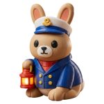 Lighthouse Keeper Bunny in Blue Navy Coat with Captain Hat and Red Lantern 3D Printed Collectible Figurine | Nautical Rabbit Decor - 3D Printed in Canada