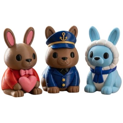 Bunny Variety Collectible Figurine Bundle of 3 - Captain's Hat Bunny, Lover Arctic - Cute & Charming Adult Desk Decor - 3D Printed in Canada