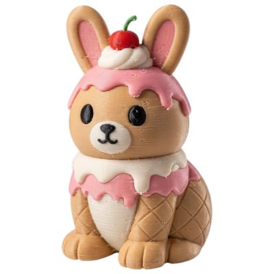 Ice Cream Sundae Bunny with Pink Frosting Whipped Cream and Cherry 3D Printed Collectible Figurine | Dessert Themed Rabbit Decor - 3D Printed in Canada