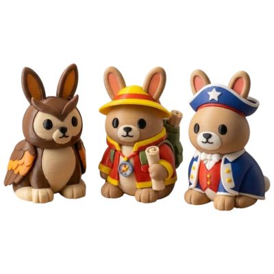 Bunny Variety Collectible Figurine Bundle of 3 - Horned Owl Bunny, Cartographer Proud Patriotic - Fun & Quirky Adult Desk Decor - 3D Printed in Canada
