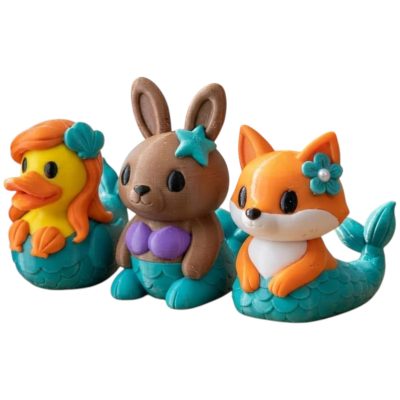 Mermaid Collectible Figurine Bundle of 3 - Mermaid Duck, Bunny, Fox - Ocean-Themed Adult Desk Decor - 3D Printed in Canada