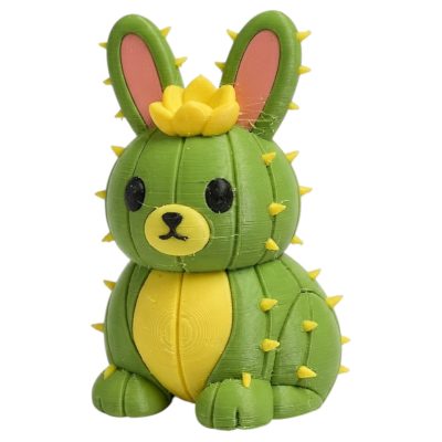 Green Cactus Bunny with Yellow Spines and Desert Flower 3D Printed Collectible Figurine | Succulent Plant Rabbit Shelf Decor - 3D Printed in Canada