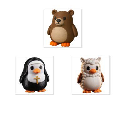 Penguin Variety Collectible Figurine Bundle of 3 - Bear Penguin, Nun Alpaca - Quirky & Fun Adult Desk Decor - 3D Printed in Canada