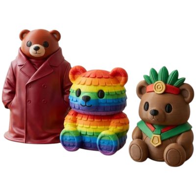 Teddy Variety 3-Pack Collectible Figurine Bundle of 3 - Classy Teddy, Rainbow Piñata, Aztec Priest - Whimsical & Charming Adult Desk Decor - 3D Printed in Canada