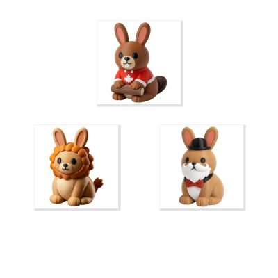 Bunny Variety Collectible Figurine Bundle of 3 - Canadian Beaver Bunny, Lion Cub Gentleman - Whimsical & Charming Adult Desk Decor - 3D Printed in Canada
