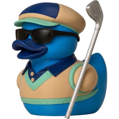 Golfer Duck Figurine with Club & Sunglasses – Sports-Themed Duck Sculpture for Desk, Shelf & Gift Display – 3D Printed in Canada (Ocean Blue)