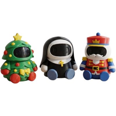 Robot Variety Collectible Figurine Bundle of 3 - Nun Robot, Christmas Tree Nutcracker - Unique & Quirky Adult Desk Decor - 3D Printed in Canada
