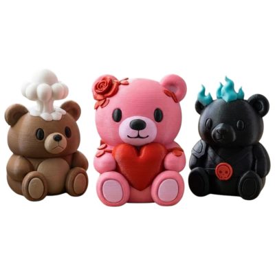 Teddy Variety Collectible Figurine Bundle of 3 - Pink Heart-Holding Teddy, Mind-Blown Hades - Adorable & Gothic Adult Desk Decor - 3D Printed in Canada