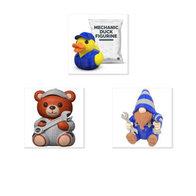 Mechanic Collection Collectible Figurine Bundle of 3 - Mechanic Duck, Teddy Bear, Gnome - Quirky & Unique Adult Desk Decor - 3D Printed in Canada