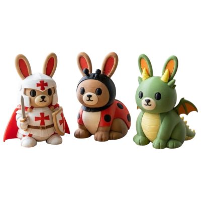Bunny Variety Collectible Figurine Bundle of 3 - Horned Dragon Bunny, Ladybug Crusader Knight - Fantasy & Medieval Adult Desk Decor - 3D Printed in Canada