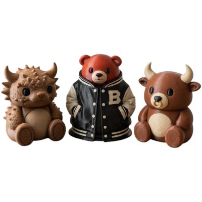 Teddy Variety Collectible Figurine Bundle of 3 - Horned Lizard Teddy Bear, Varsity Jacket Bear, Bull - Unique & Adorable Adult Desk Decor - 3D Printed in Canada