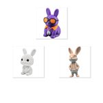 Bunny Variety Collectible Figurine Bundle of 3 - Funky Purple Disco Bunny, Cozy White Knitted Well Dressed Rabbit - Unique & Colorful Adult Desk Decor - 3D Printed in Canada