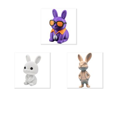Bunny Variety Collectible Figurine Bundle of 3 - Funky Purple Disco Bunny, Cozy White Knitted Well Dressed Rabbit - Unique & Colorful Adult Desk Decor - 3D Printed in Canada