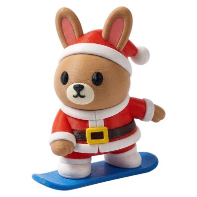 Snowboarding Santa Bunny in Red Suit on Blue Board 3D Printed Collectible Figurine | Christmas Winter Sports Rabbit Decor - 3D Printed in Canada