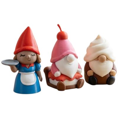 Gnome Variety Collectible Figurine Bundle of 3 - Waitress Gnome, Cherry Cheesecake Cocoa Bomb - Whimsical & Unique Adult Desk Decor - 3D Printed in Canada